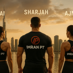 Imran PT personal trainers (1 male_ 2 female) with the Imran PT logo on their backs_ facing Dubai_ Sharjah_ and Ajman